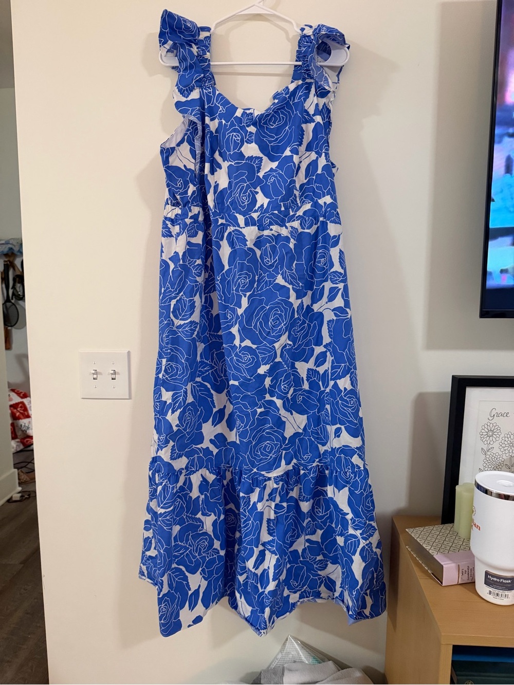 London Times Blue and White Floral Ruffle-Shoulder Dress